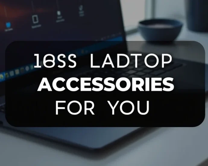 The image shows a collection of sleek, essential accessories neatly arranged with a laptop.