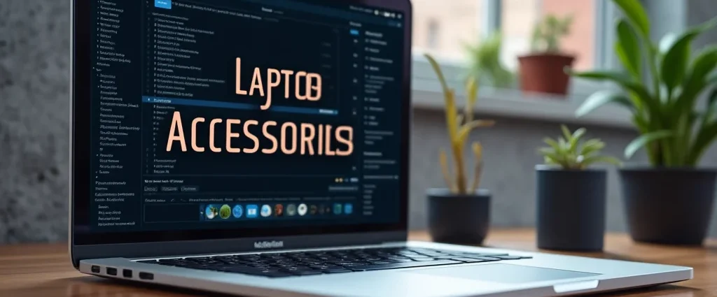 The image shows a clean desk setup with essential laptop accessories for everyday use.