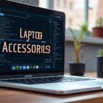 The image shows a clean desk setup with essential laptop accessories for everyday use.