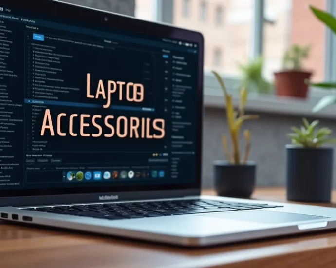 The image shows a clean desk setup with essential laptop accessories for everyday use.