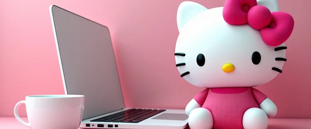 The image shows a desk adorned with various adorable Hello Kitty laptop accessories for a guide.