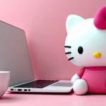 The image shows a desk adorned with various adorable Hello Kitty laptop accessories for a guide.