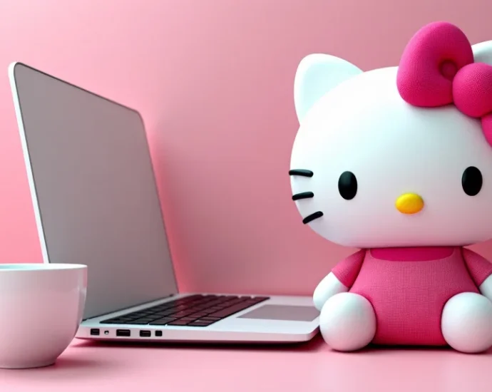 The image shows a desk adorned with various adorable Hello Kitty laptop accessories for a guide.