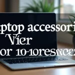 The image shows essential laptop accessories for beginners, including a mouse, keyboard, and stand.