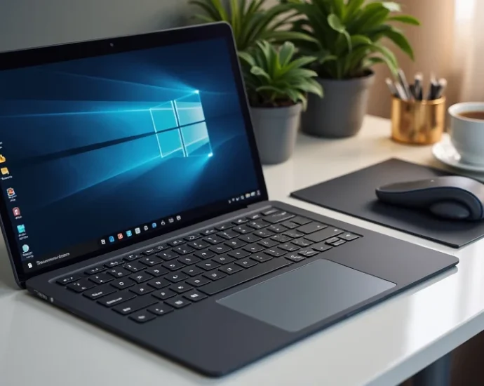 The image shows a collection of sleek, essential Surface laptop accessories for beginners, neatly arranged.