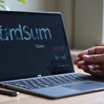 The image shows a sleek laptop with various useful accessories neatly arranged around it.