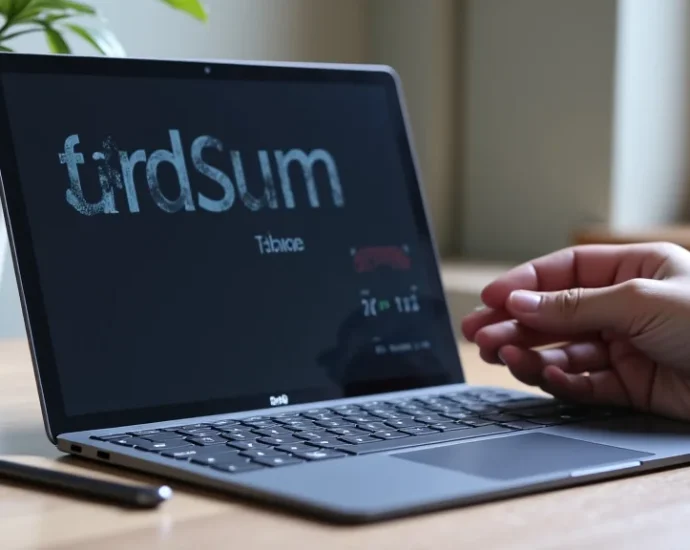 The image shows a sleek laptop with various useful accessories neatly arranged around it.